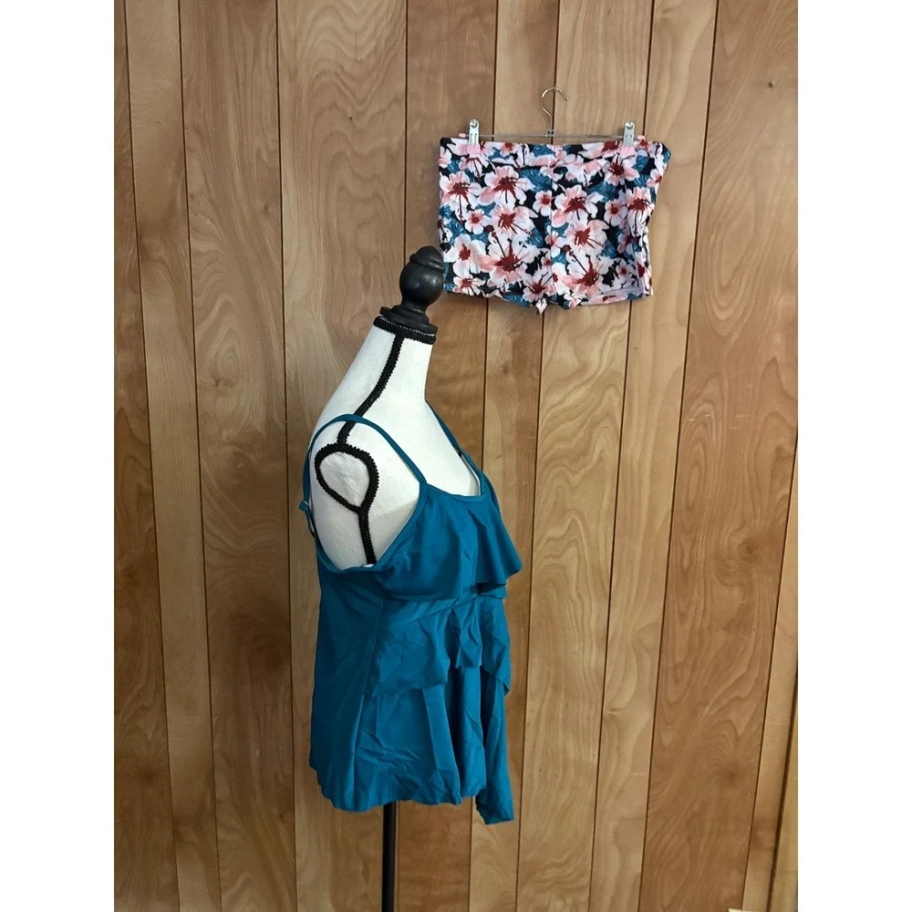 Teal Ruffle‎ Tankini Set Floral Boy Short Bottoms 2PC Swimsuit Womens 2XL